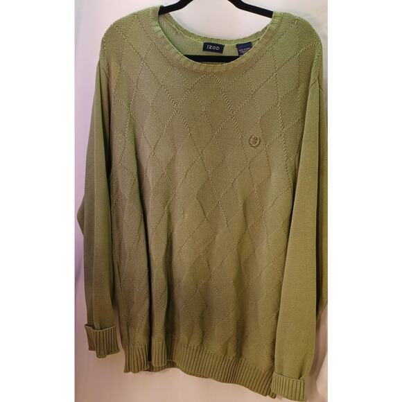 VTG IZOD Men's Large Olive Green Diamond Knit Crewneck Sweater Preppy Old Money - Picture 3 of 7